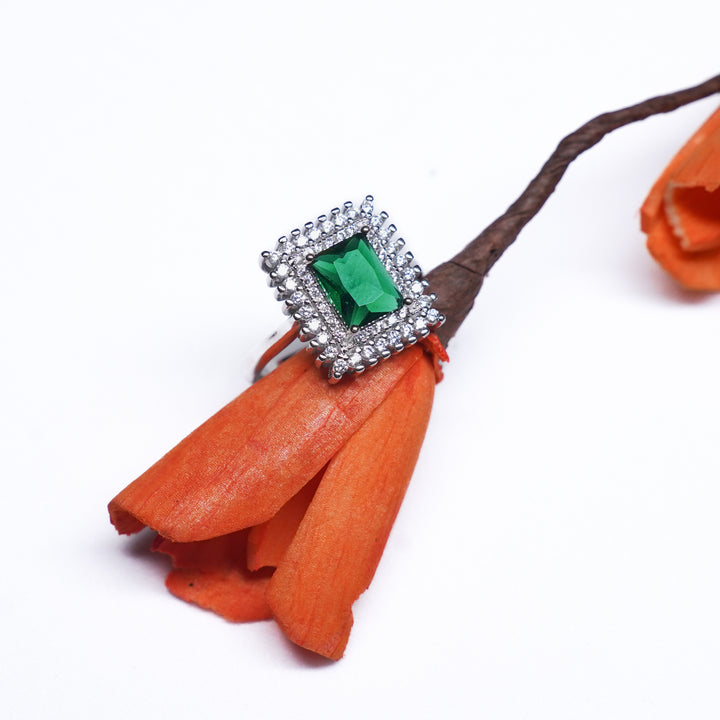Emerald Elegance: 92.5 Silver Halo Ring with Green Gemstone