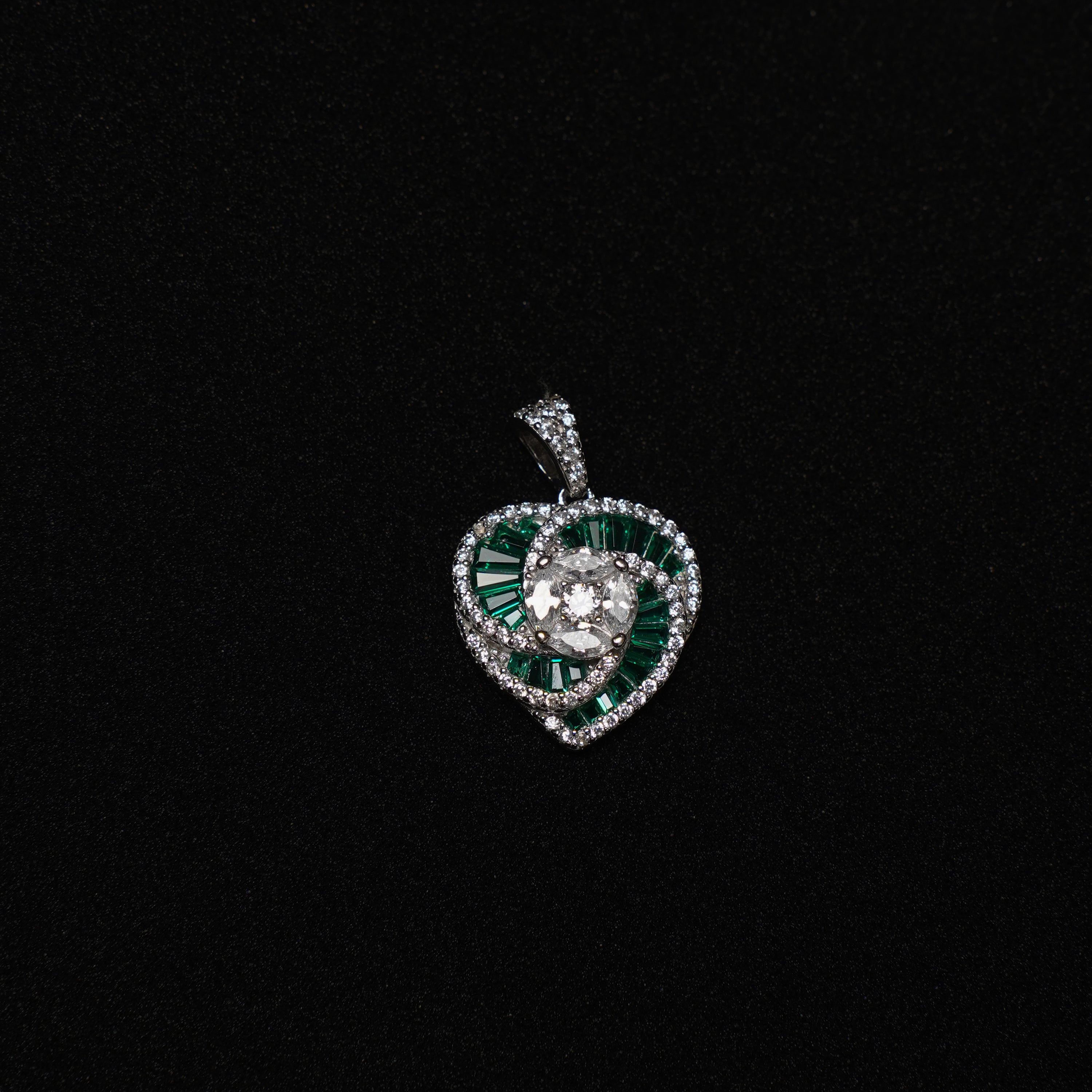 Heart Shape Green Emerald cut and White CZ Pendant  Set