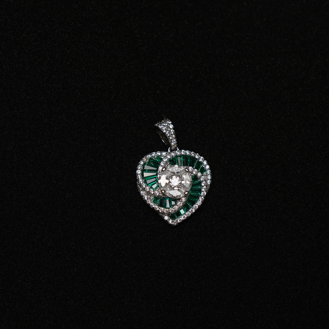 Heart Shape Green Emerald cut and White CZ Pendant  Set