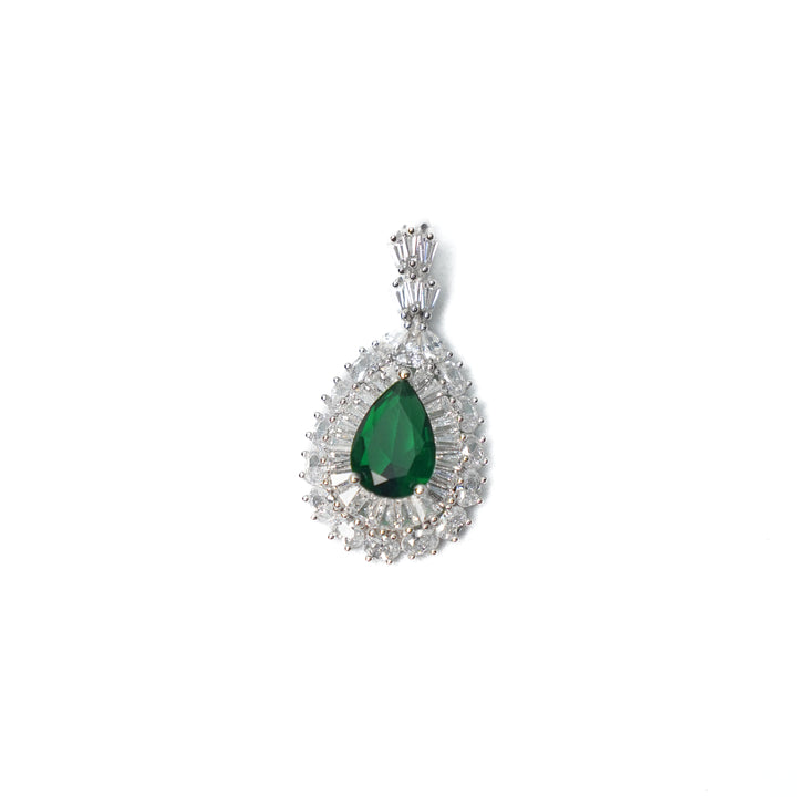 92.5 Silver Pear Shape Emerald & Diamond Pendant set