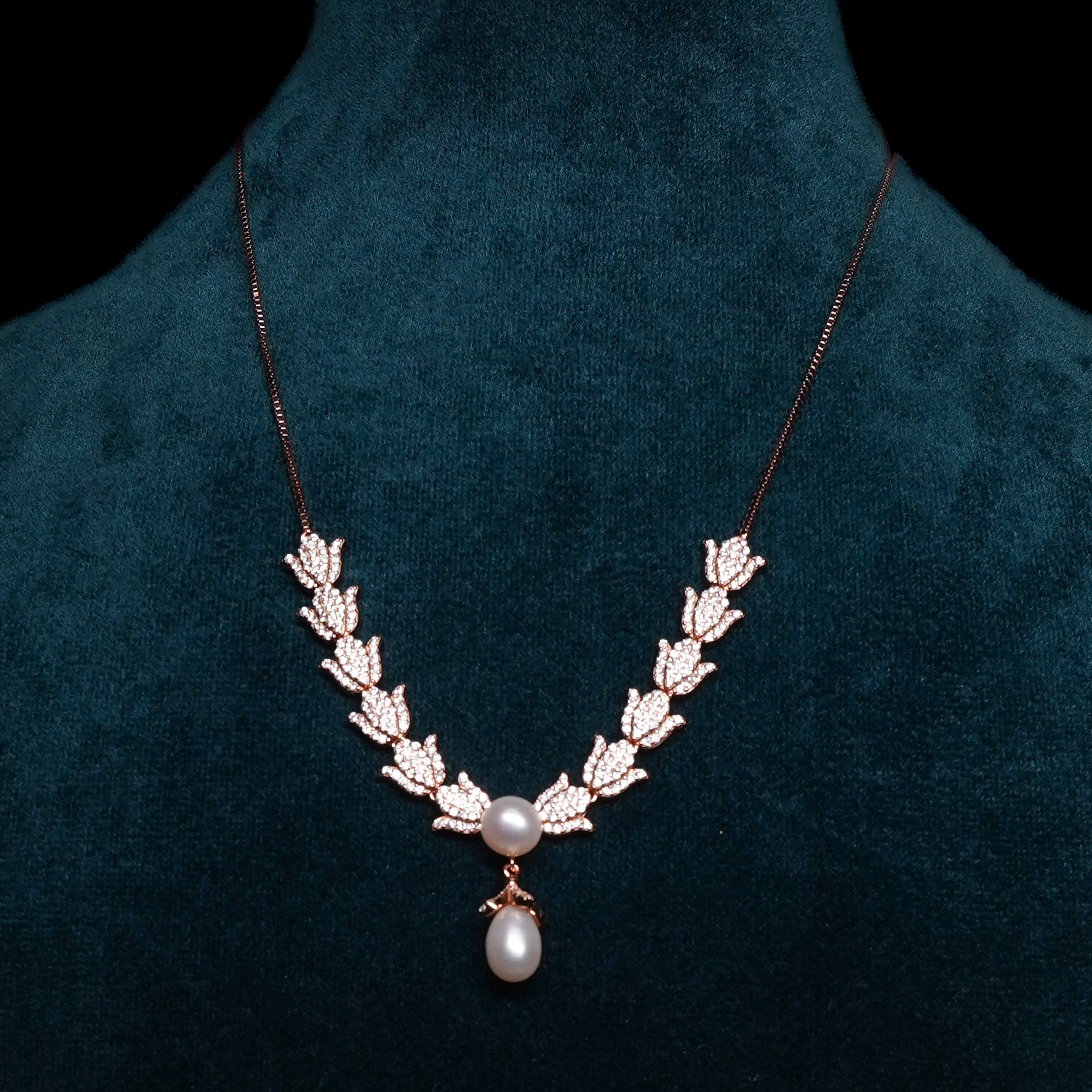 Pearl and small Lotus shape Rose Gold Plated Necklace