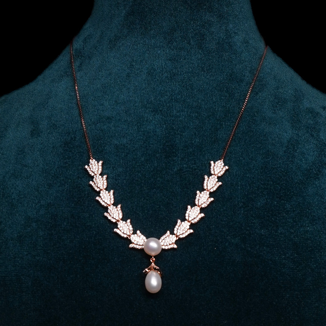 Pearl and small Lotus shape Rose Gold Plated Necklace