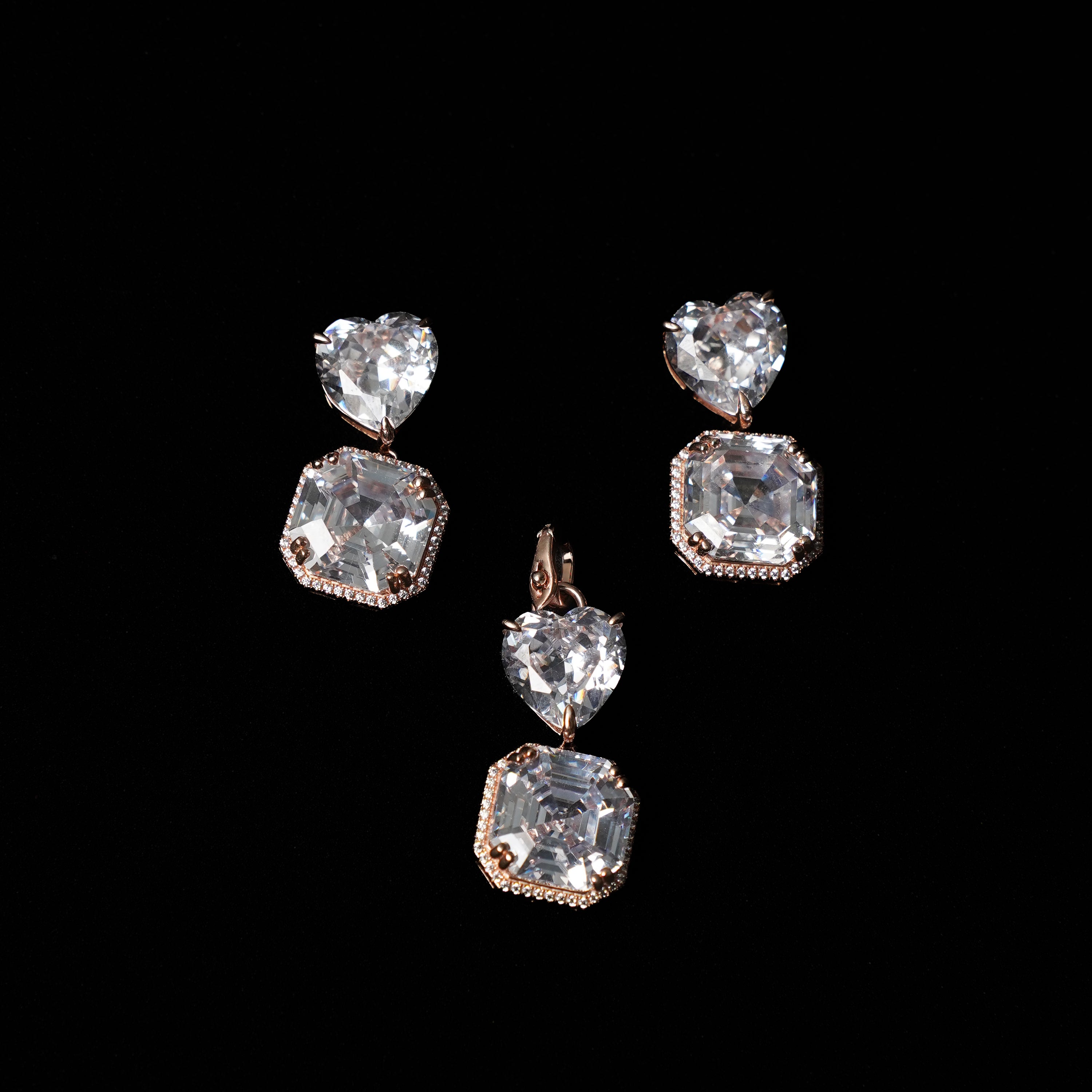 925 Silver Heart & Cushion Cut Halo Gold Plated Pendant Set