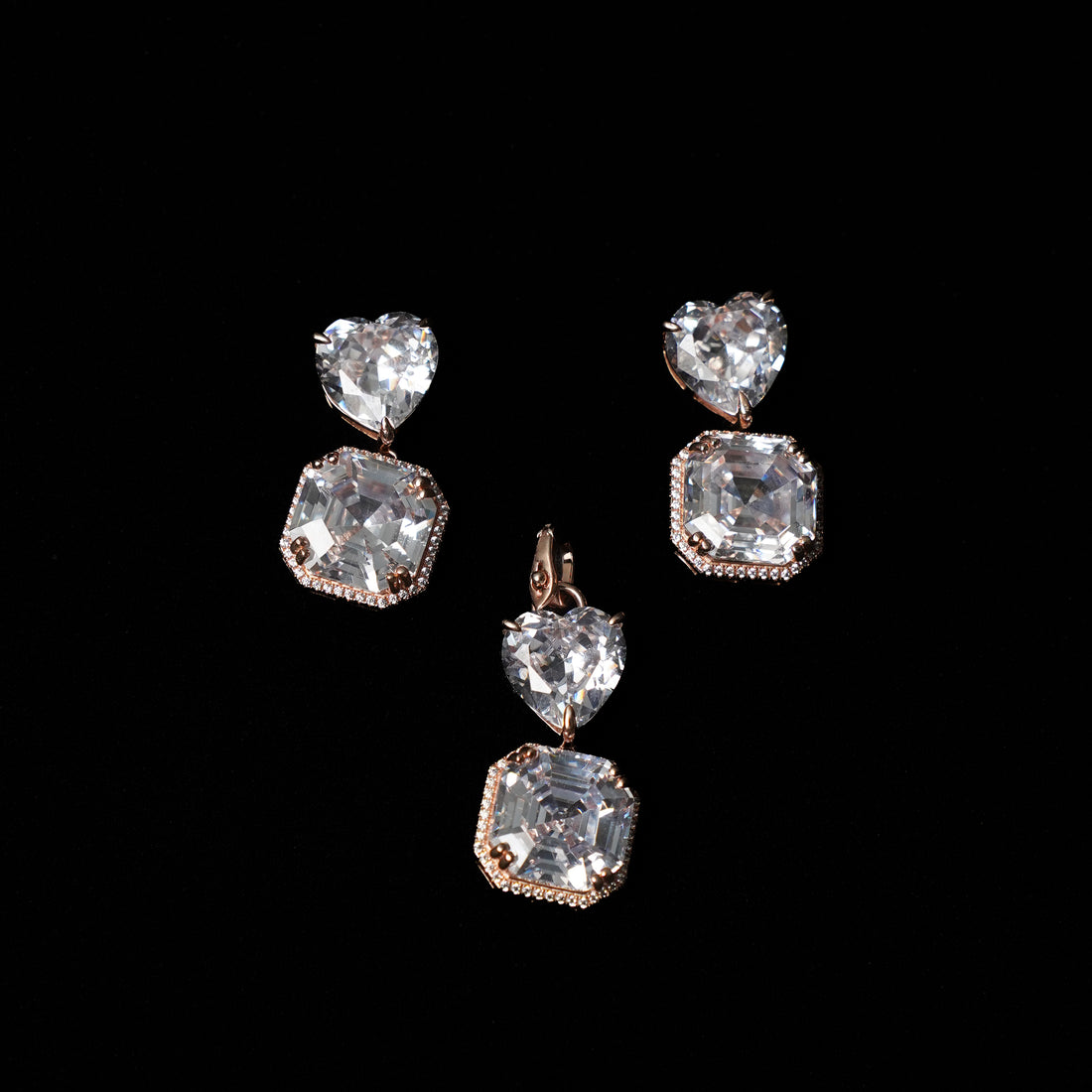 925 Silver Heart & Cushion Cut Halo Gold Plated Pendant Set