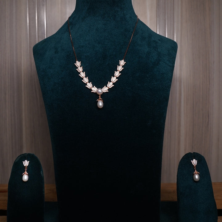 Pearl and small Lotus shape Rose Gold Plated Necklace