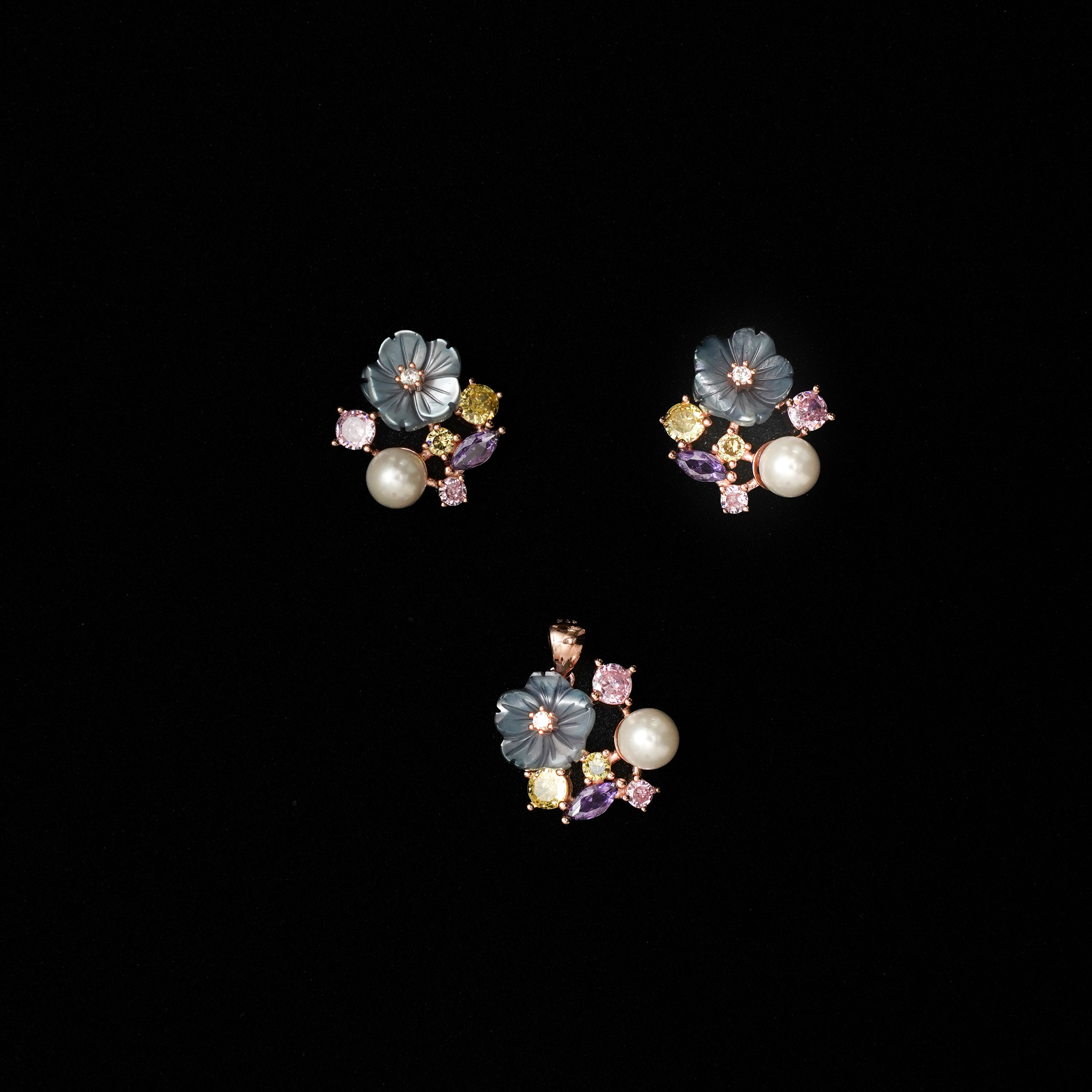 92.5 Silver Grey MOP Flower Pendent Set with Rose Gold Platting