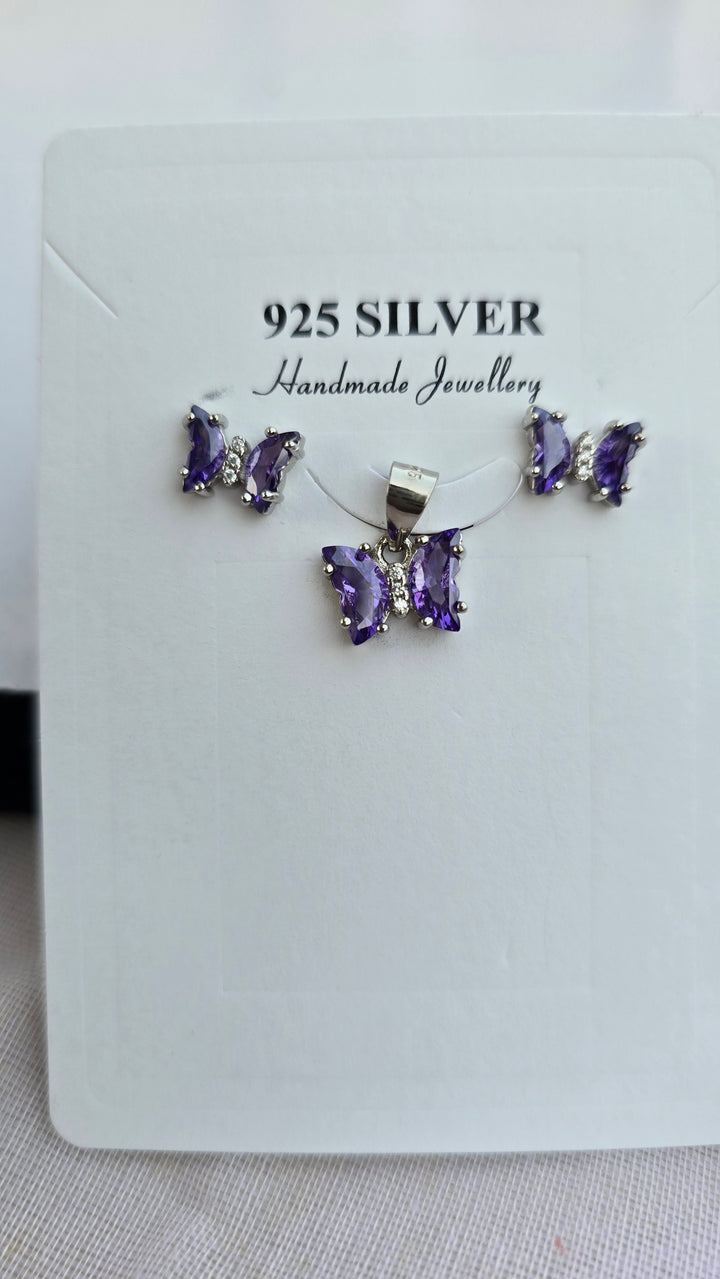 92.5 Silver Royal Purple Butterfly Pendent Set