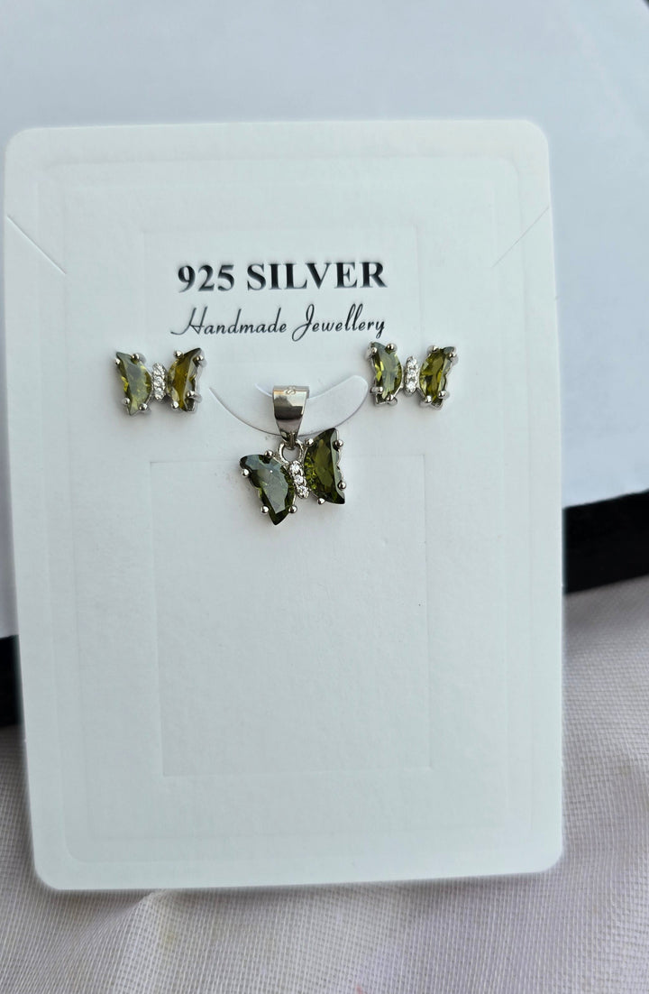 92.5 Silver Emerald Flutter Butterfly Pendent Set