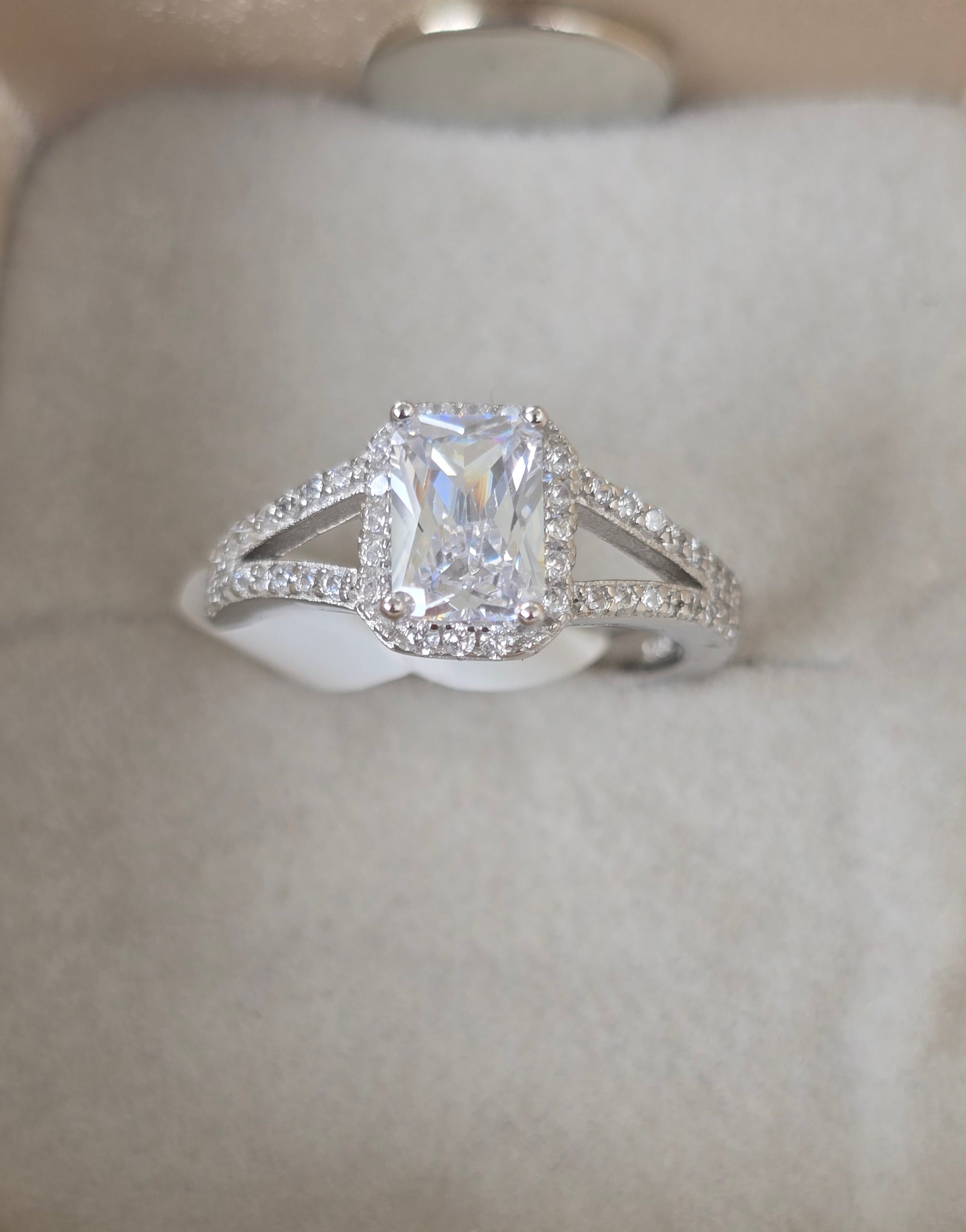 Emerald Cut Halo Diamond Silver Ring