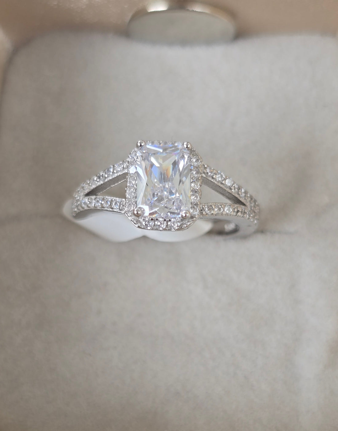 Emerald Cut Halo Diamond Silver Ring