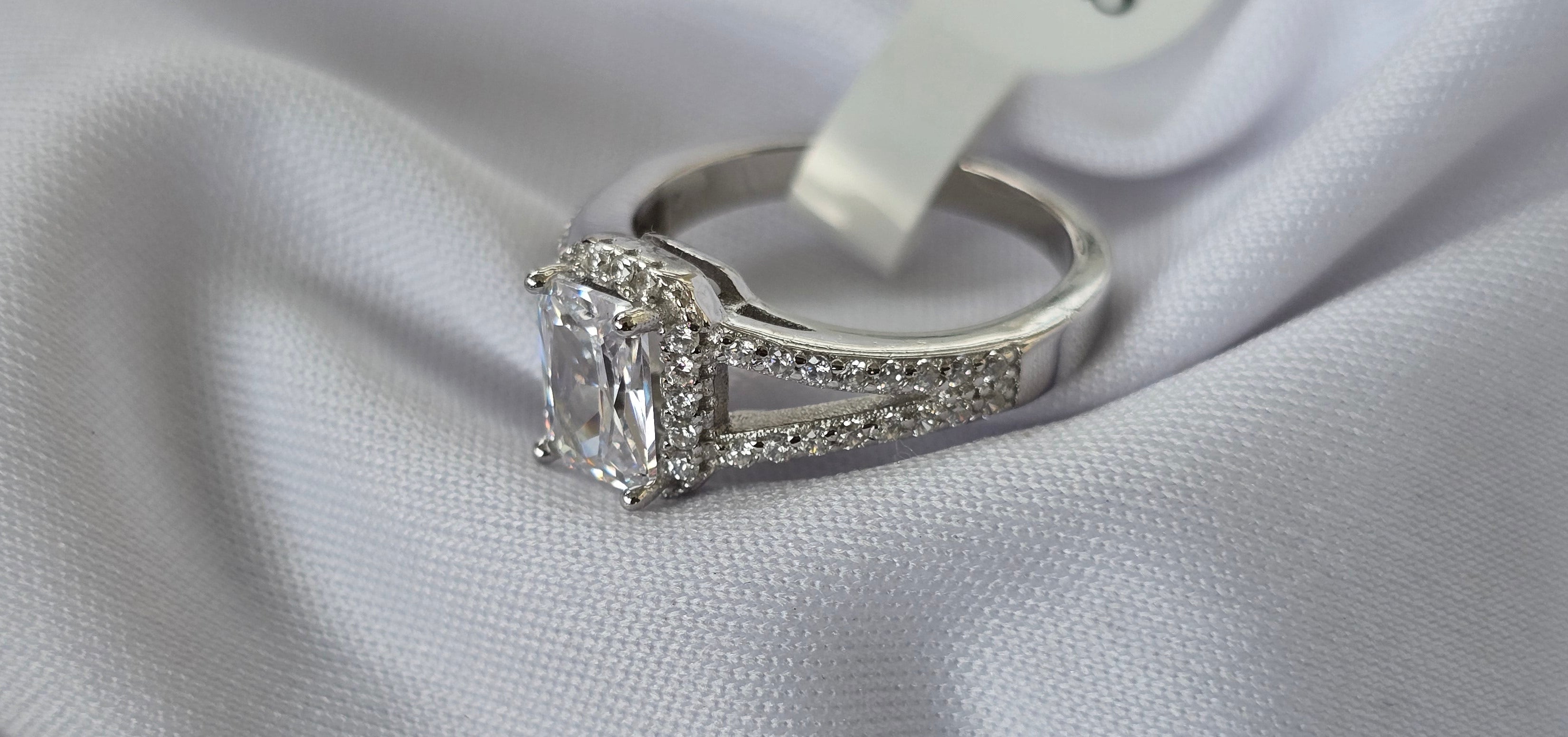 Emerald Cut Halo Diamond Silver Ring