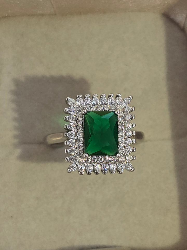 Emerald Elegance: 92.5 Silver Halo Ring with Green Gemstone