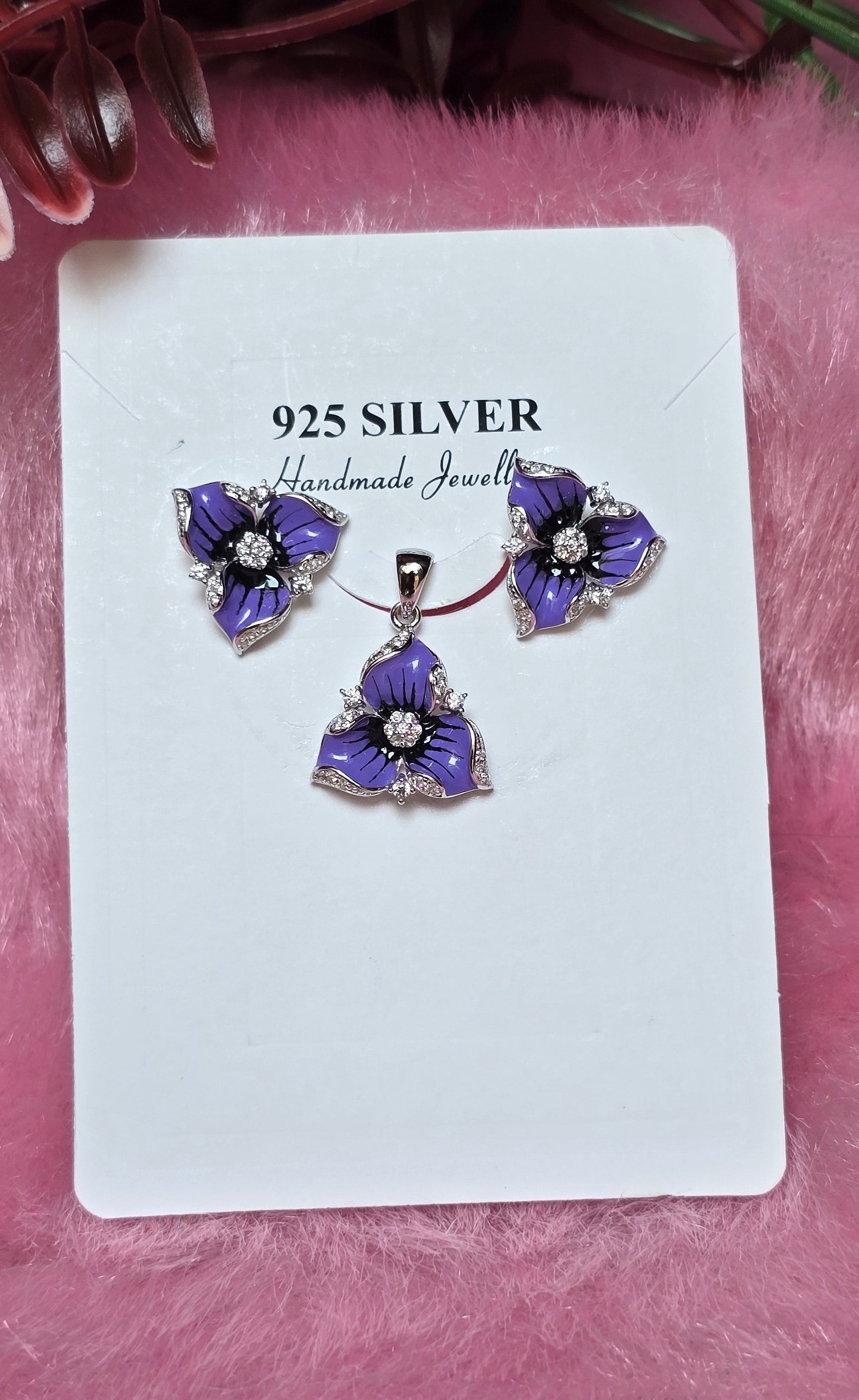 92.5 Silver Purple Flower Pendent Set