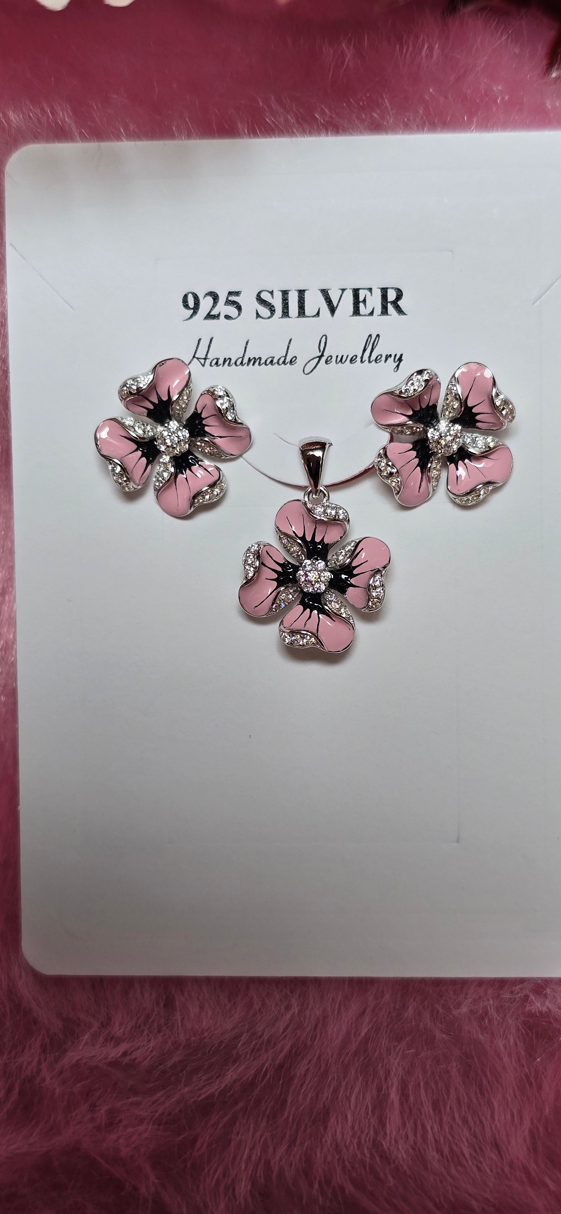 92.5 Silver Pink crystal Floral Pendent Set