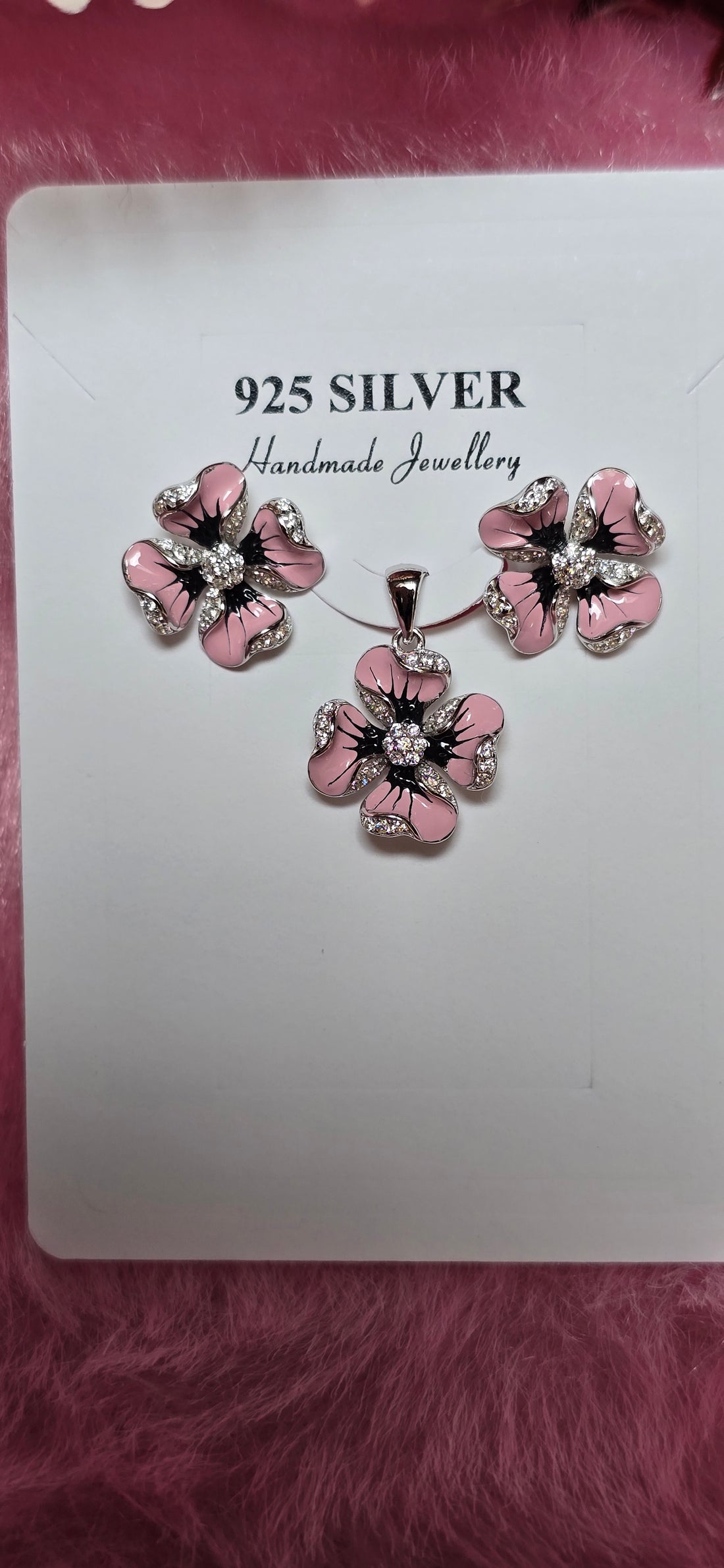 92.5 Silver Pink crystal Floral Pendent Set