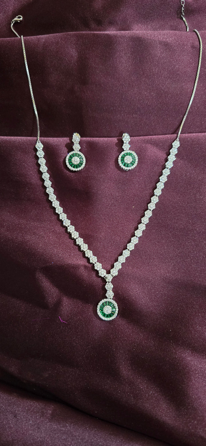 Green Emerald circle with Halo Stone Necklace