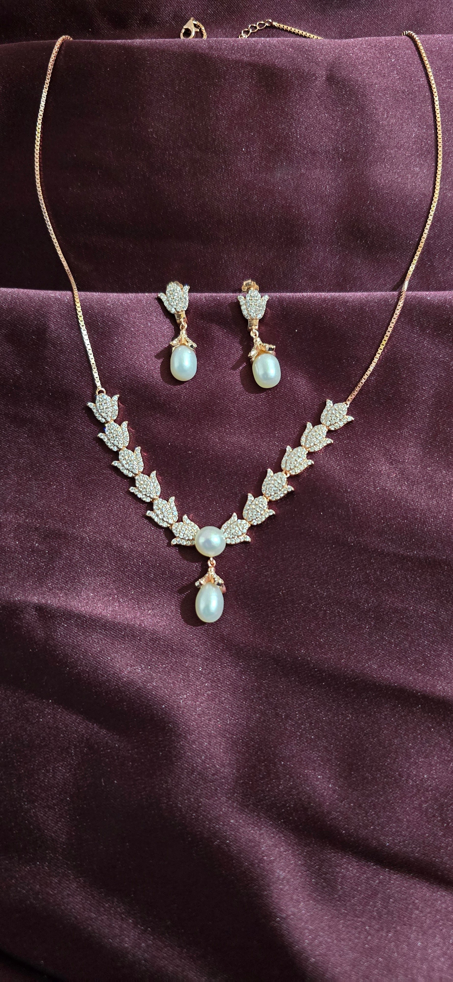 Pearl and small Lotus shape Rose Gold Plated Necklace