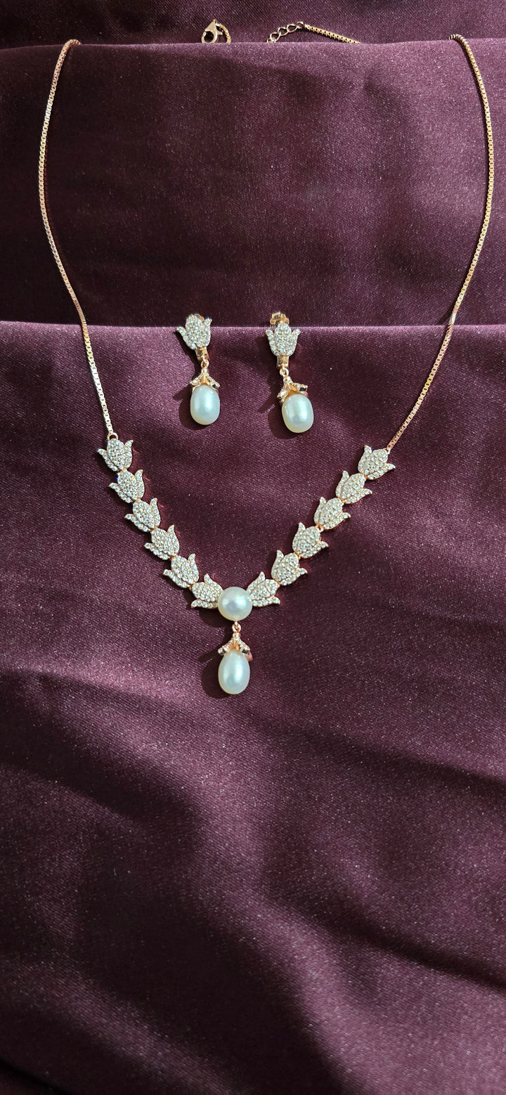 Pearl and small Lotus shape Rose Gold Plated Necklace