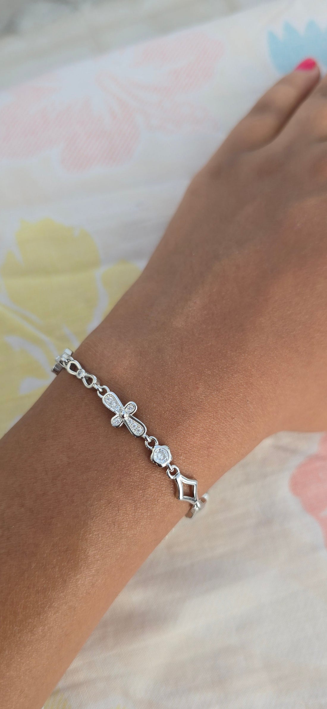 925 Silver Sparkling Flower & Rhombus Link Bracelet