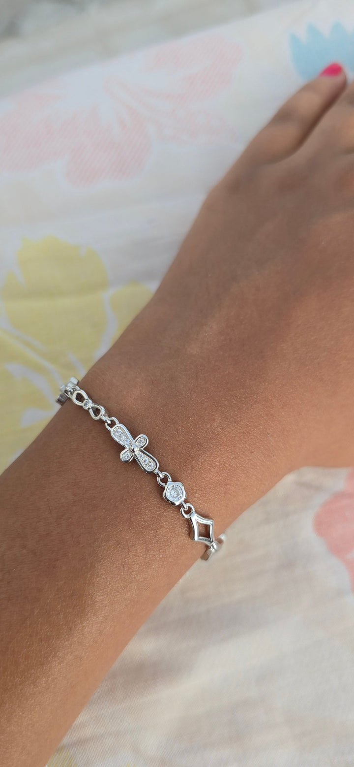 925 Silver Sparkling Flower & Rhombus Link Bracelet