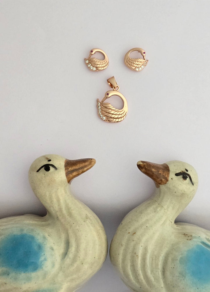 925 Silver Rose Gold-Plated Swan Pendant Set