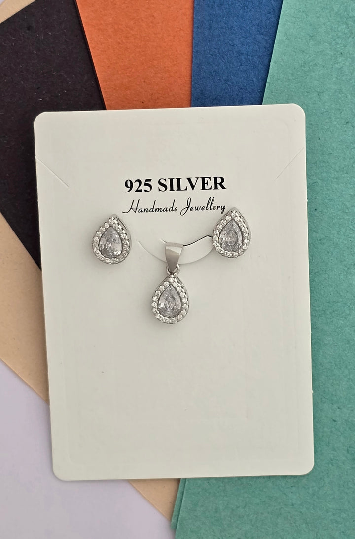 92.5 Silver Pear Halo Elegance Pendent Set