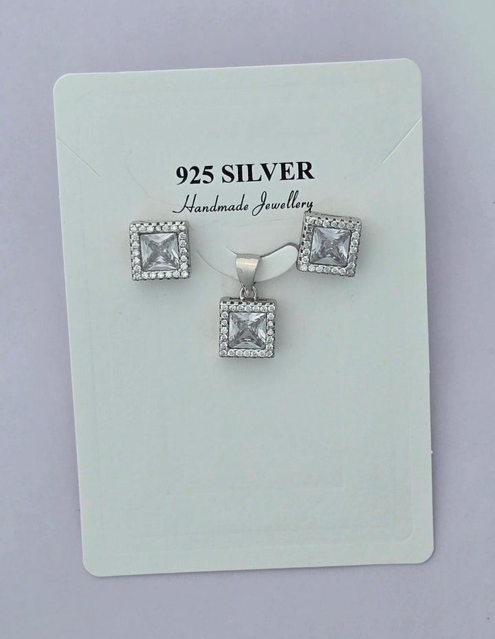 92.5 Silver Royal Square Halo Pendent Set