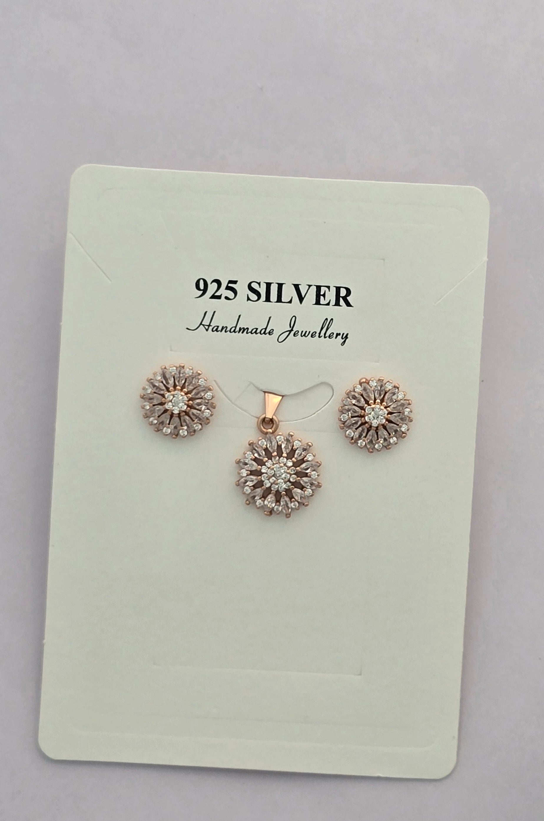 Rose Gold Bloom Crystal Pendent & Stud 92.5 Silver