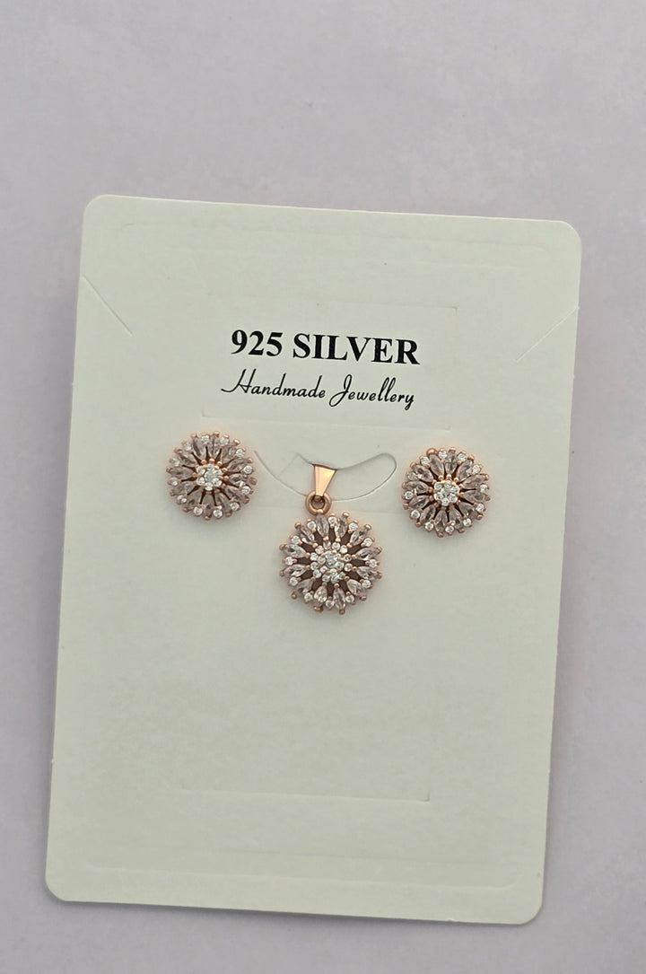 Rose Gold Bloom Crystal Pendent & Stud 92.5 Silver