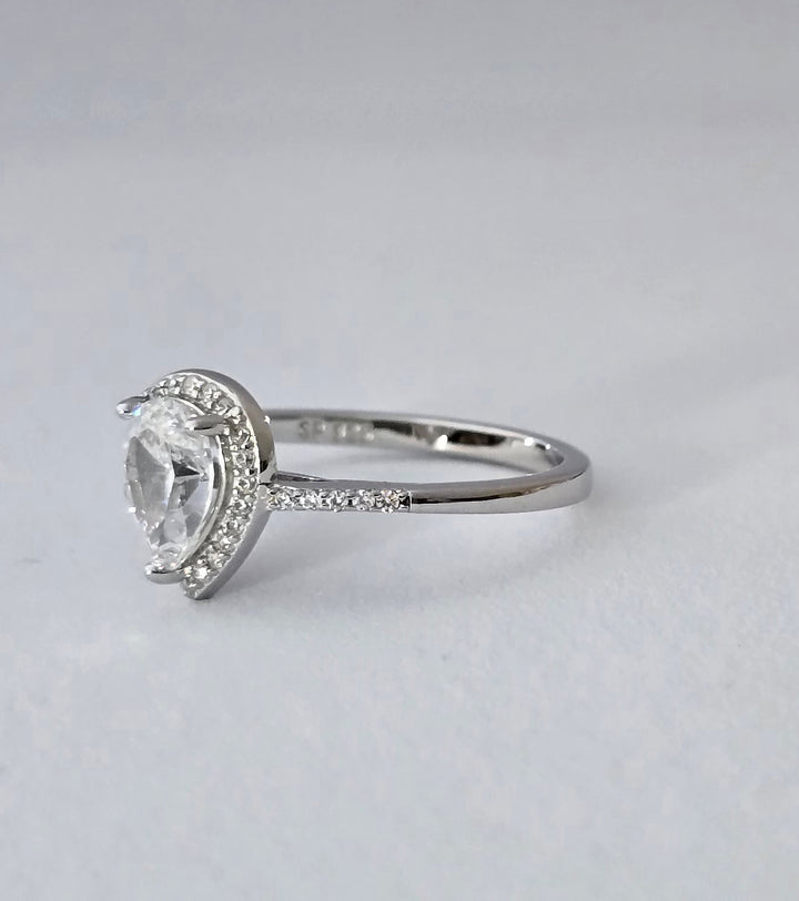925 Silver Pear Radiance Halo Ring