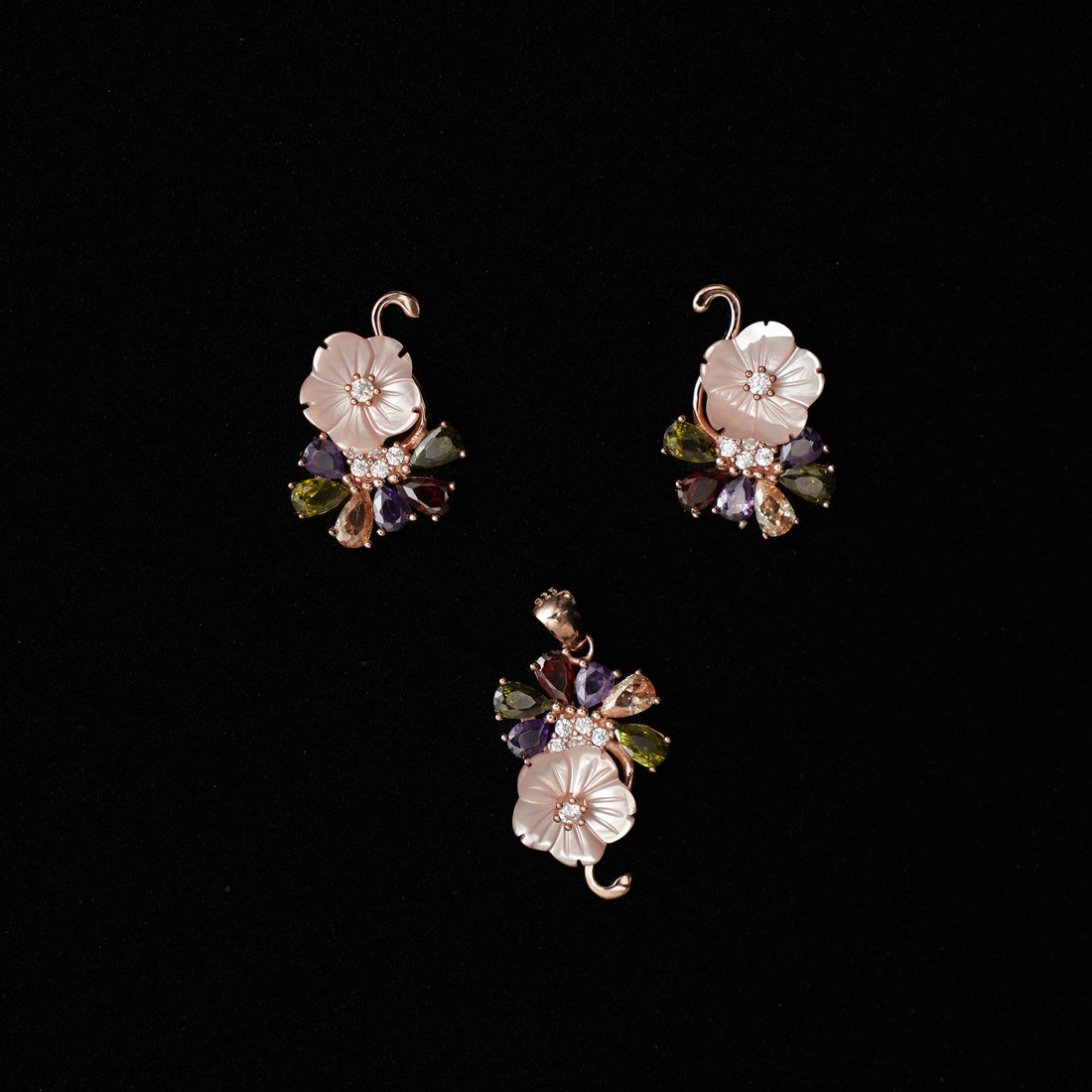 92.5 Silver Light Pink Floral MOP Pendent Set with Rose Gold Platting