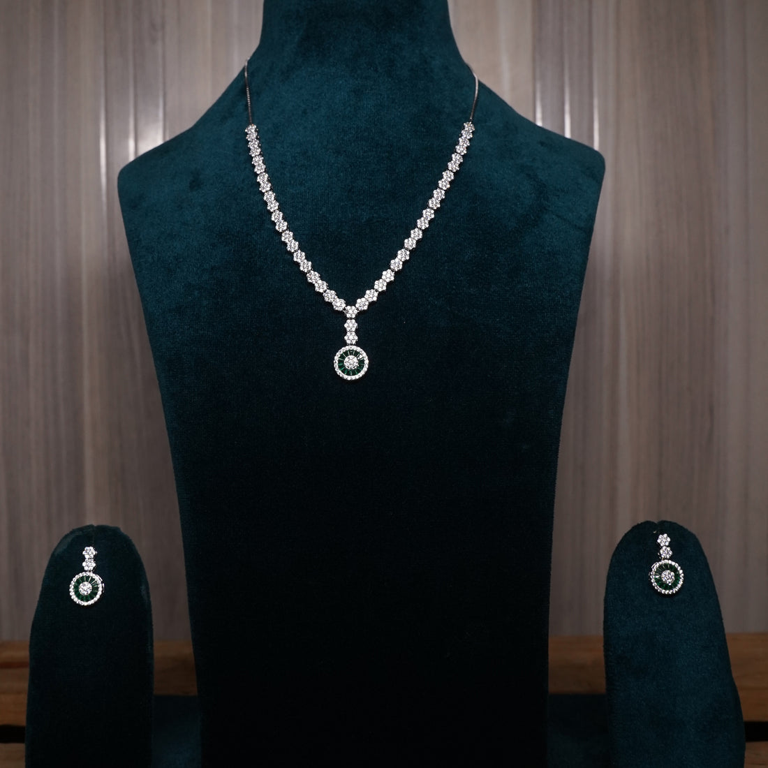 Green Emerald circle with Halo Stone Necklace