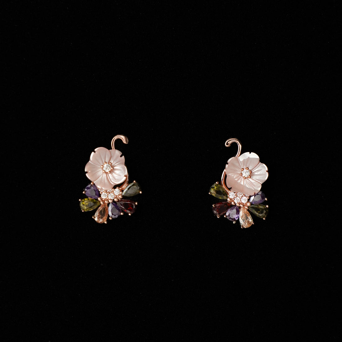 92.5 Silver Light Pink Floral MOP Pendent Set with Rose Gold Platting