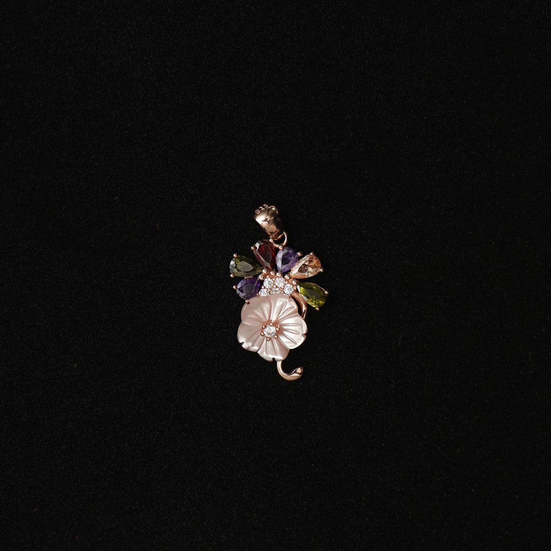 92.5 Silver Light Pink Floral MOP Pendent Set with Rose Gold Platting