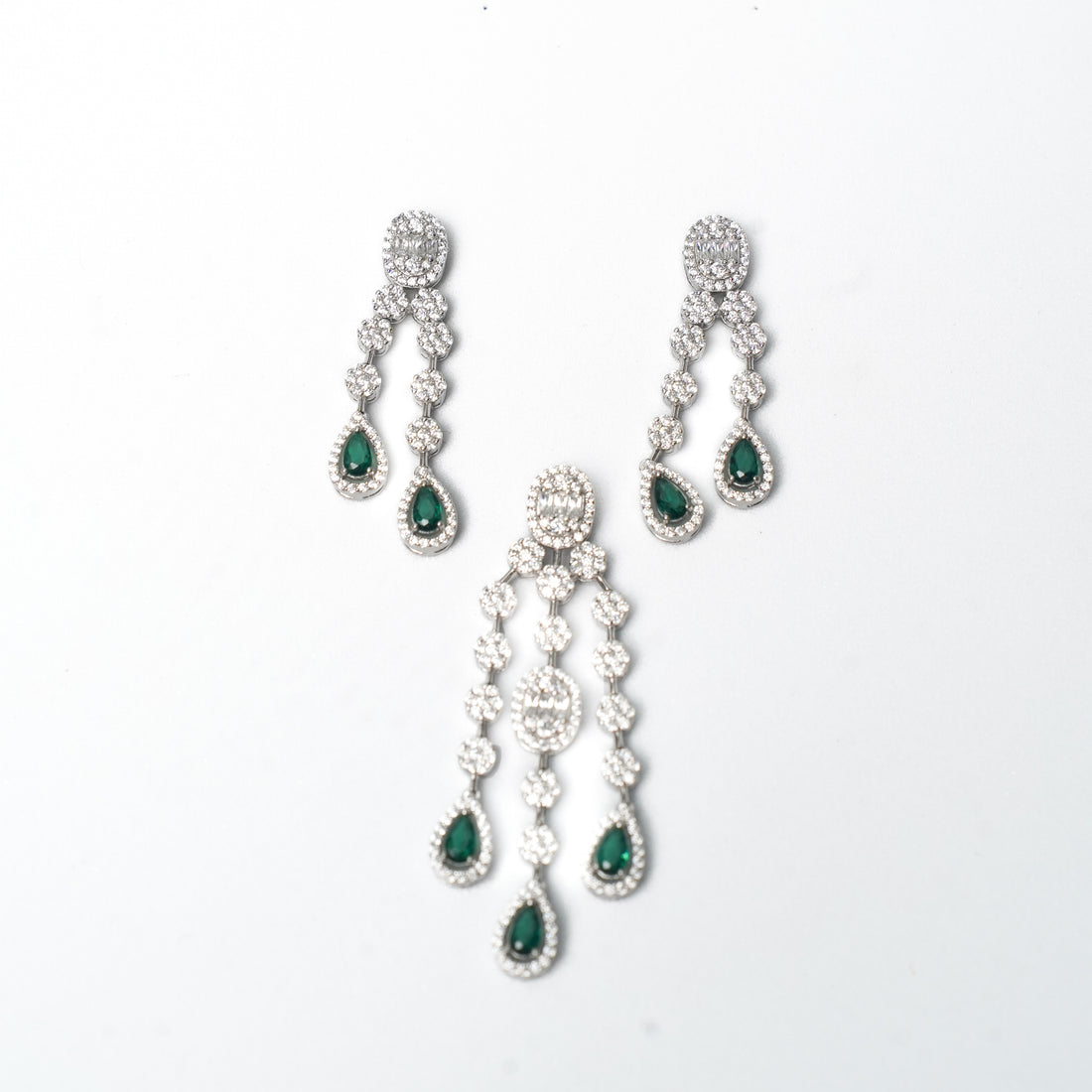 Green Emerald Dangler cz Waterfall Pendant Set