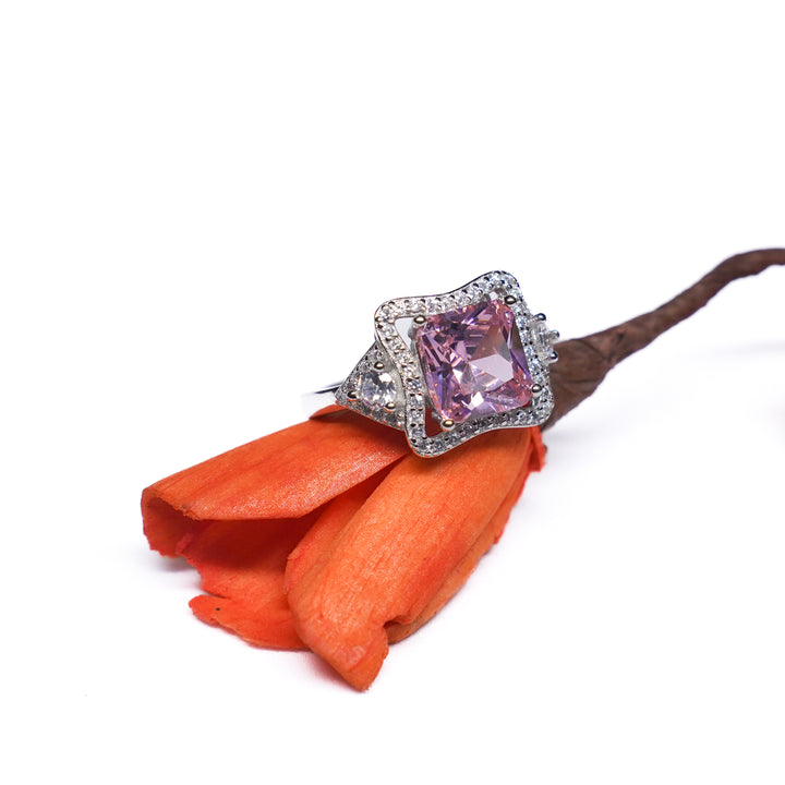 Sterling Silver Big Pink Diamond and white CZ Ring