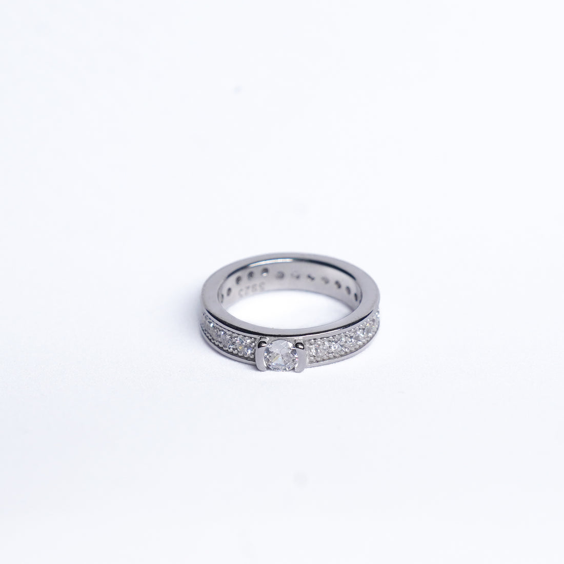 92.5 Silver Pave Diamond Band Ring with Center up round cz Dimond