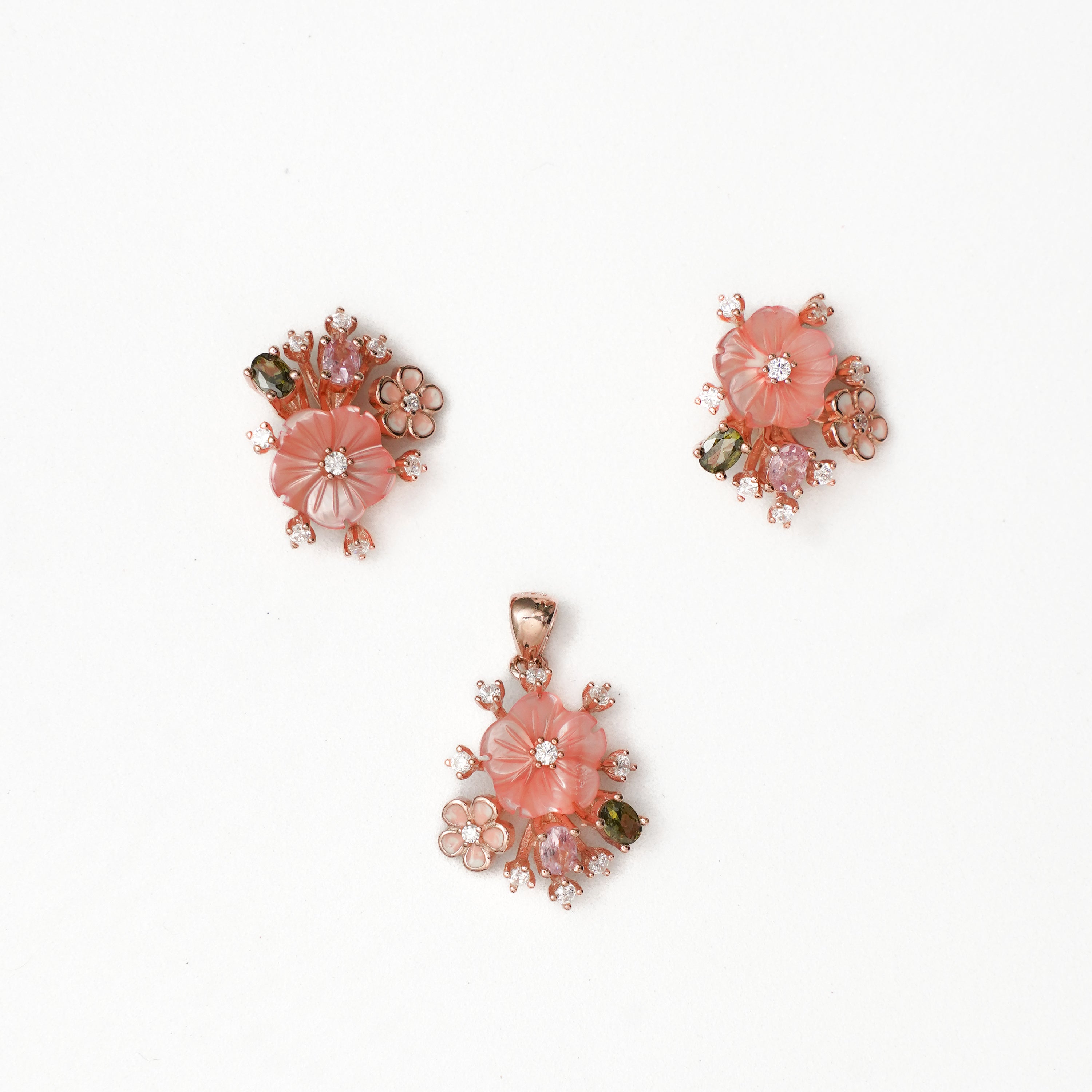 Peach MOP Dual Flower Cluster Pendant Set