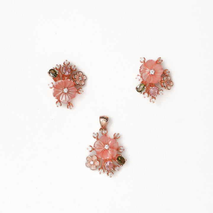 Peach MOP Dual Flower Cluster Pendant Set