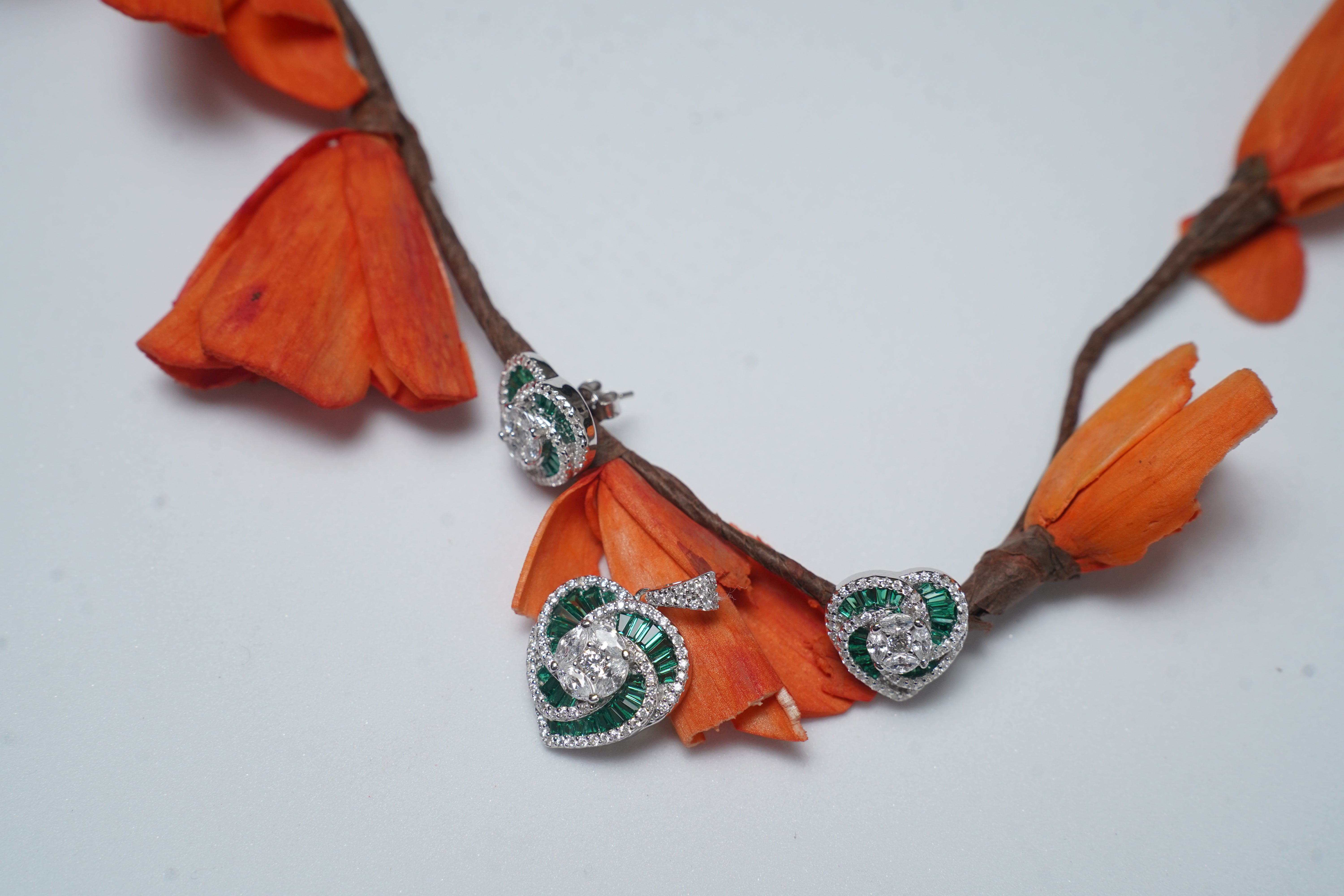Heart Shape Green Emerald cut and White CZ Pendant  Set