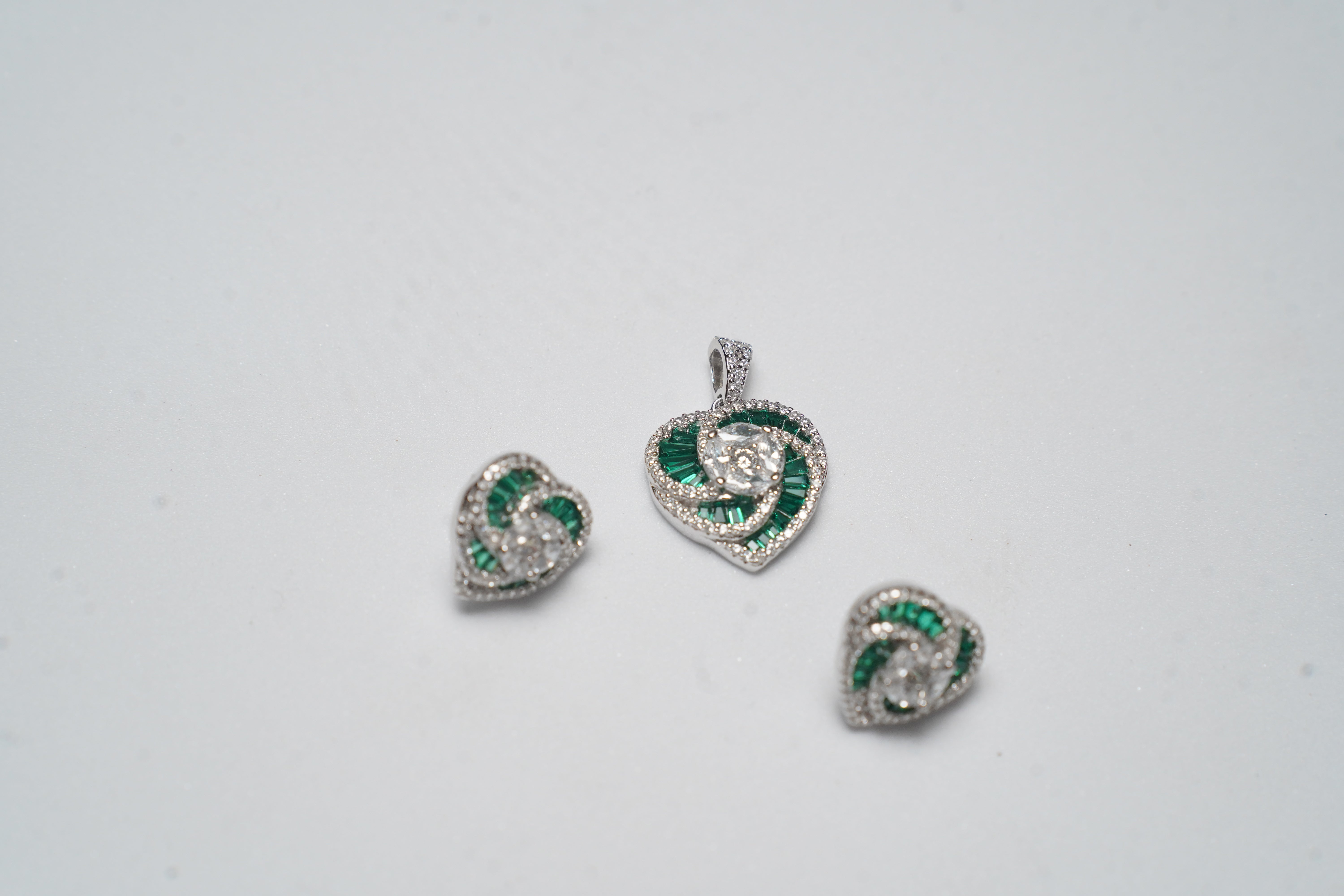 Heart Shape Green Emerald cut and White CZ Pendant  Set