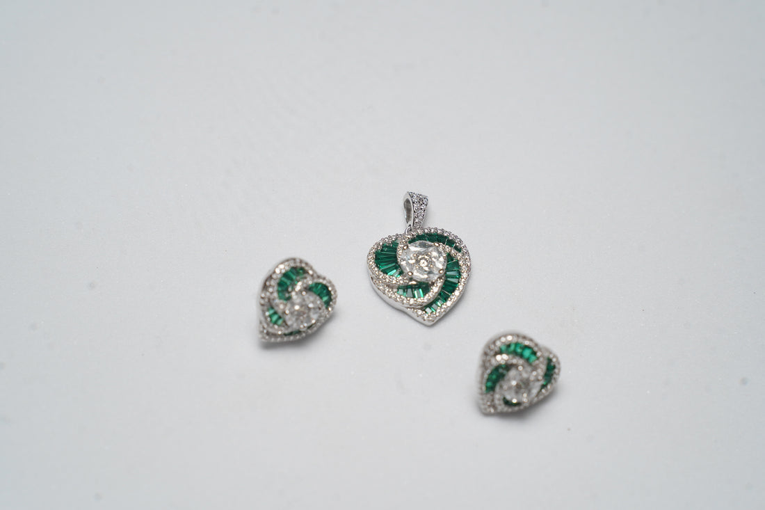 Heart Shape Green Emerald cut and White CZ Pendant  Set
