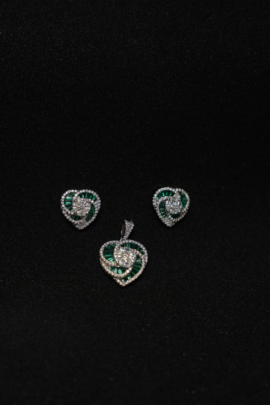 Heart Shape Green Emerald cut and White CZ Pendant  Set