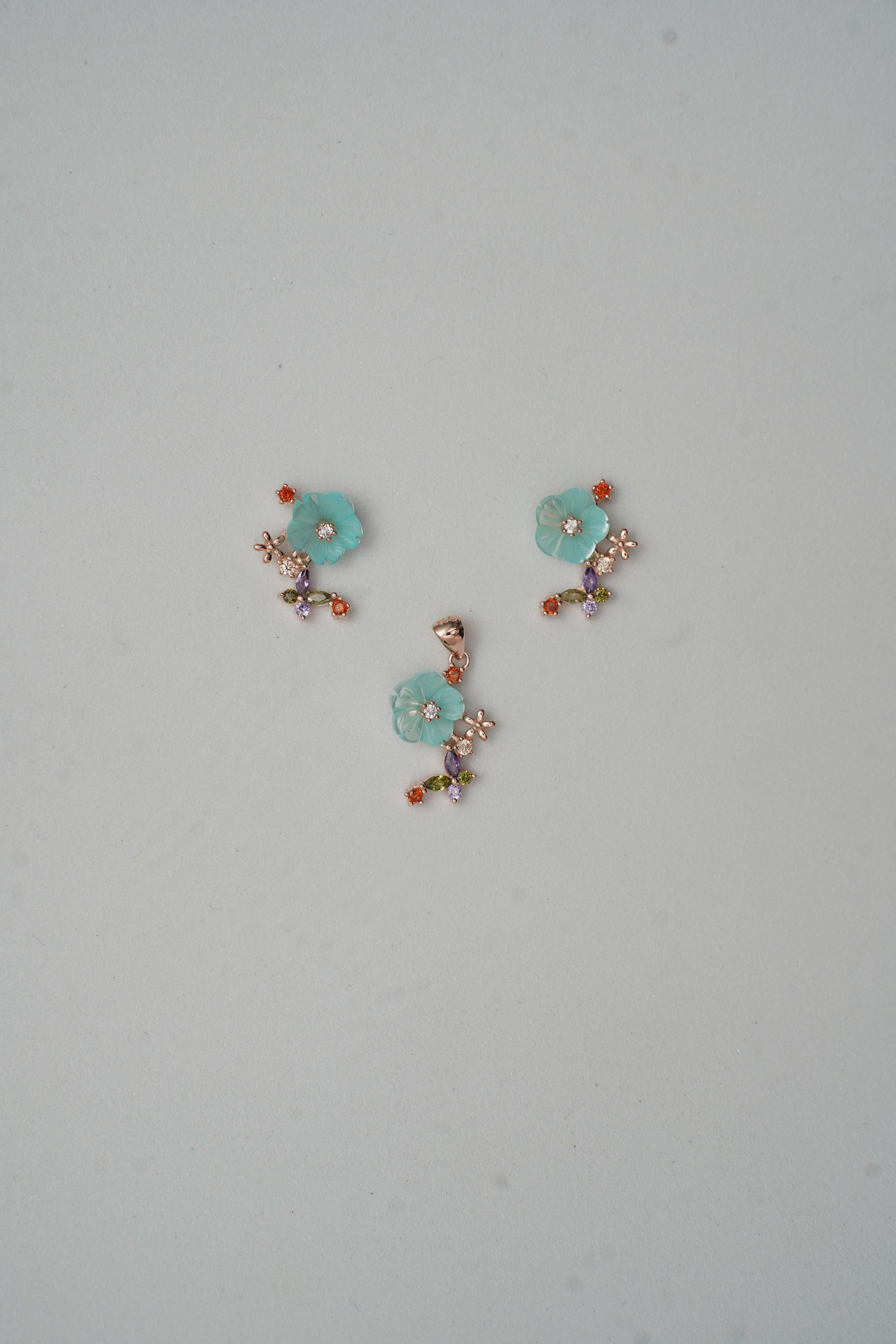 Blue MOP Flower with small Butterfly Pendant Set