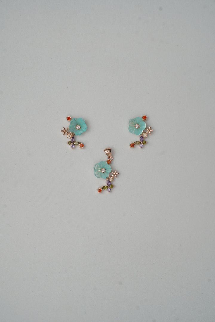 Blue MOP Flower with small Butterfly Pendant Set