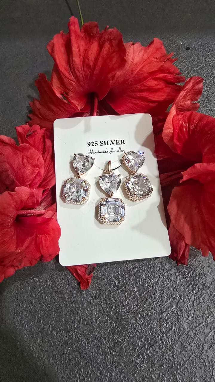 925 Silver Heart & Cushion Cut Halo Gold Plated Pendant Set