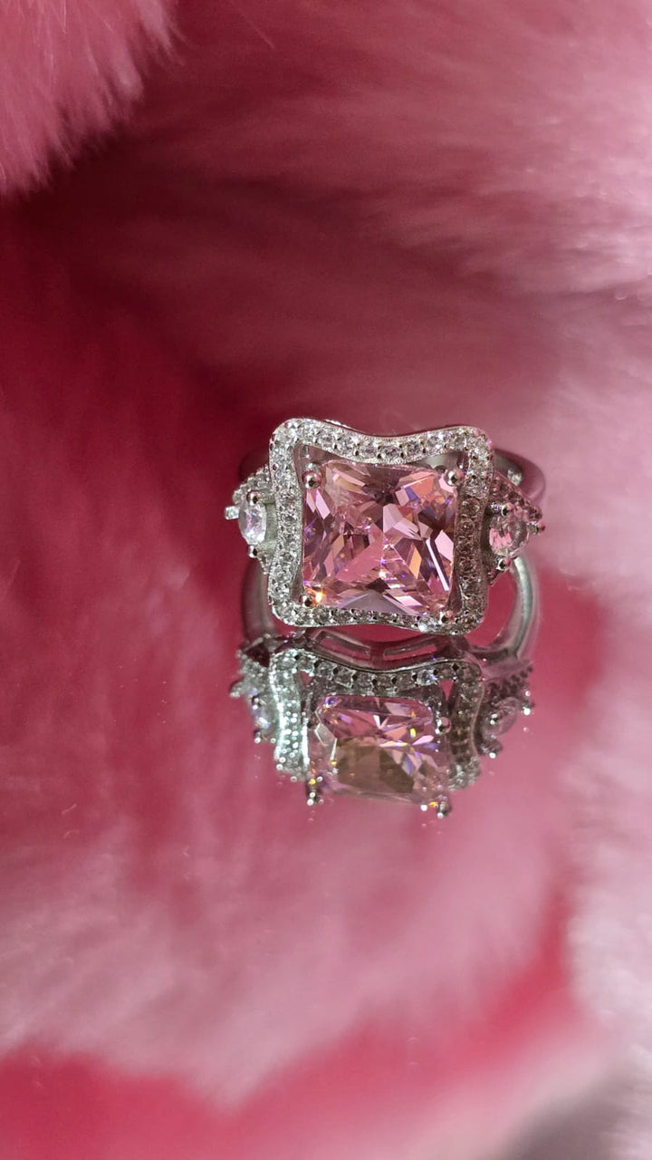 Sterling Silver Big Pink Diamond and white CZ Ring