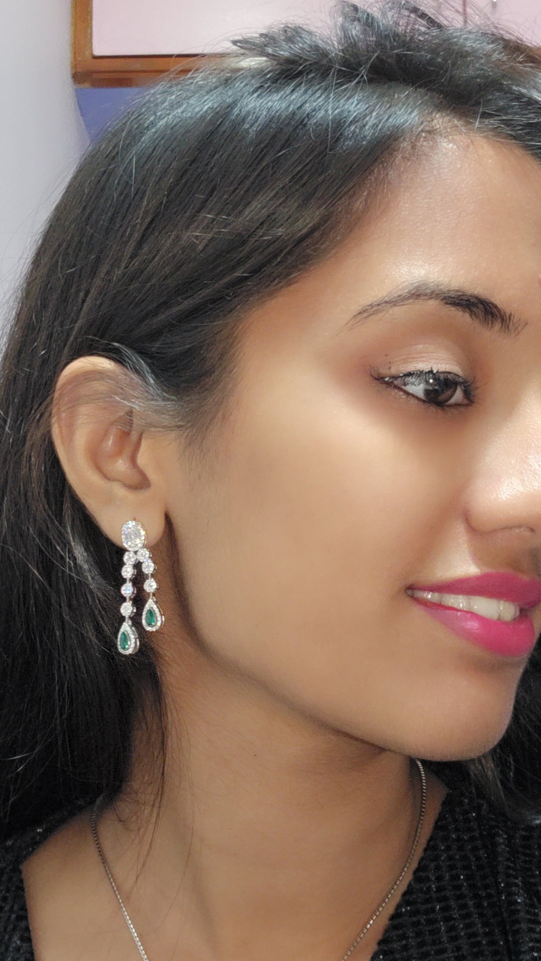 Green Emerald Dangler cz Waterfall Pendant Set