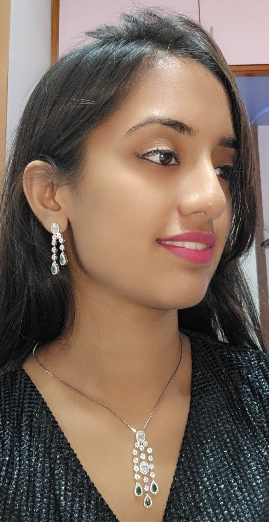 Green Emerald Dangler cz Waterfall Pendant Set