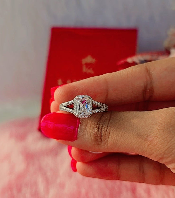 Emerald Cut Halo Diamond Silver Ring